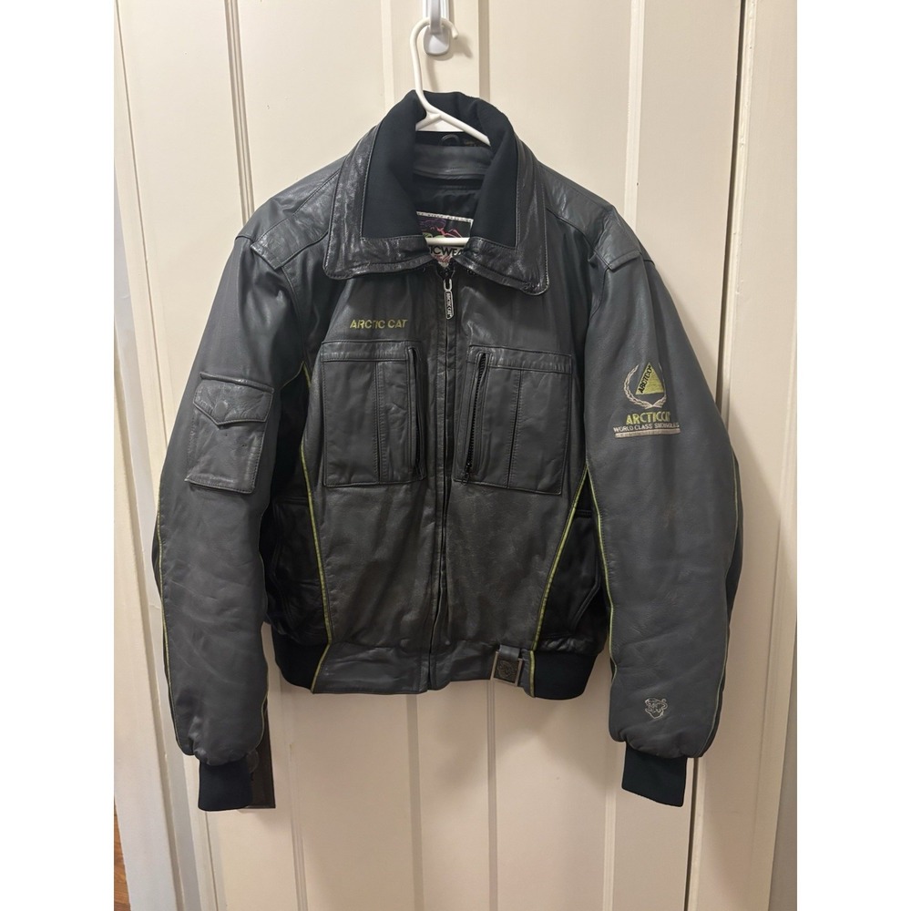 Vintage Arctic Cat Leather Snowmobile Jacket Mens Gray Black Bomber Coat Large